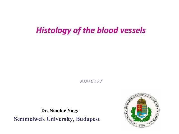 Histology of the blood vessels 2020 02 27 Dr. Nandor Nagy Semmelweis University, Budapest