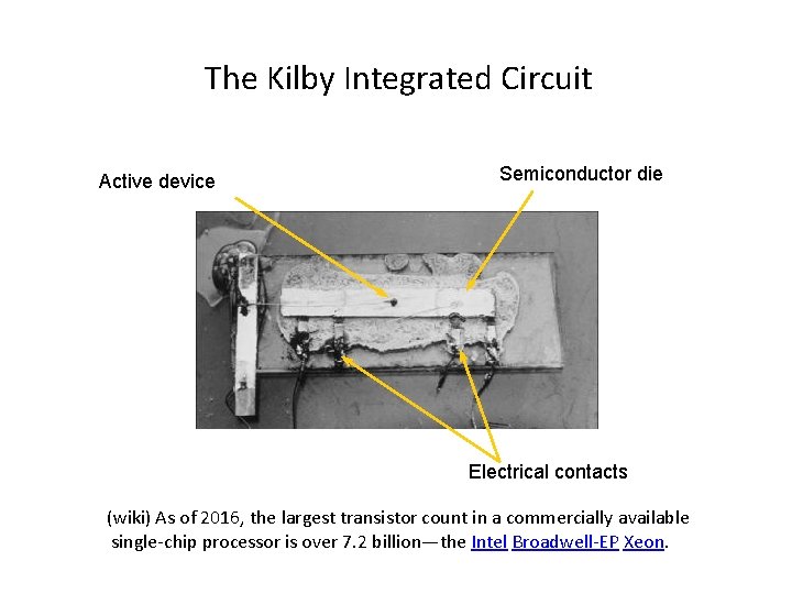 The Kilby Integrated Circuit Active device Semiconductor die Electrical contacts (wiki) As of 2016,