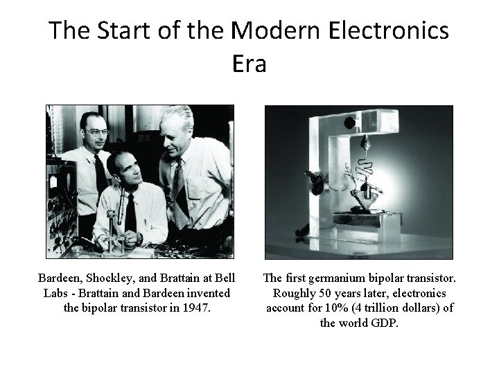 The Start of the Modern Electronics Era Bardeen, Shockley, and Brattain at Bell Labs