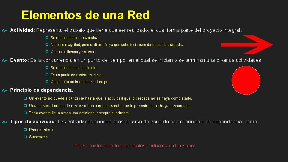 Elementos de una Red Actividad: Representa el trabajo que tiene que ser realizado, el