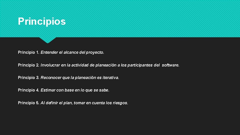 Principios Principio 1. Entender el alcance del proyecto. Principio 2. Involucrar en la actividad