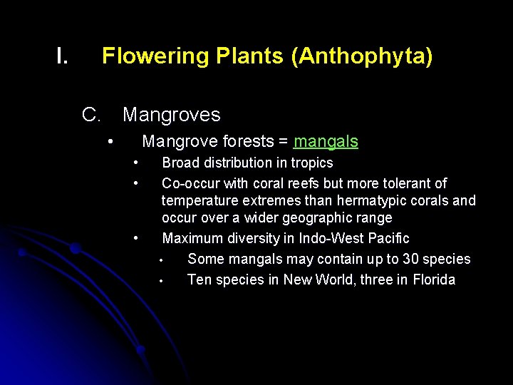 I. Flowering Plants (Anthophyta) C. Mangroves • Mangrove forests = mangals • • •