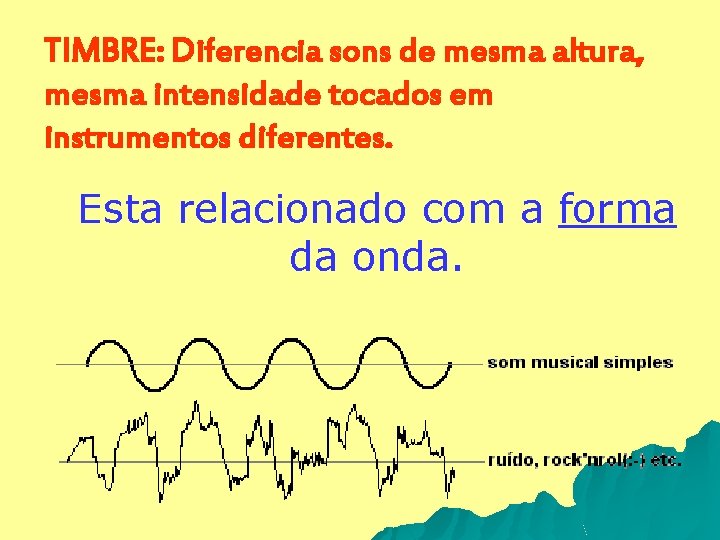 TIMBRE: Diferencia sons de mesma altura, mesma intensidade tocados em instrumentos diferentes. Esta relacionado
