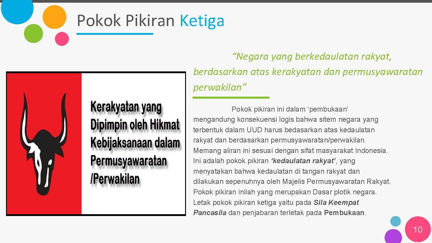 Pokok Pikiran Ketiga “Negara yang berkedaulatan rakyat, berdasarkan atas kerakyatan dan permusyawaratan perwakilan” Pokok