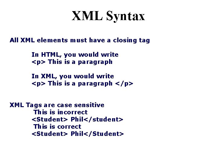 XML Syntax All XML elements must have a closing tag In HTML, you would