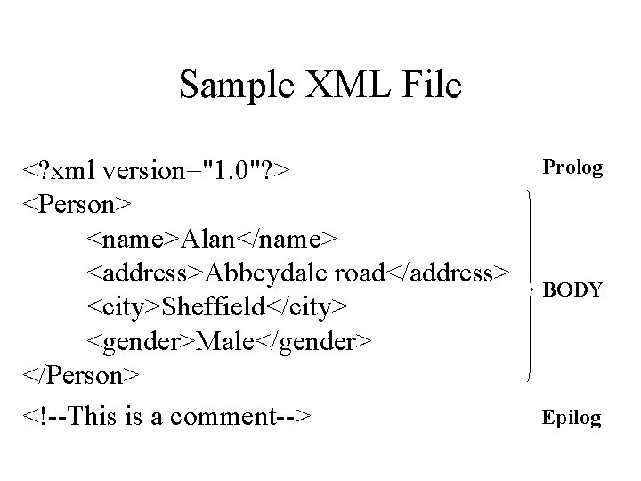 Sample XML File <? xml version="1. 0"? > <Person> <name>Alan</name> <address>Abbeydale road</address> <city>Sheffield</city> <gender>Male</gender>