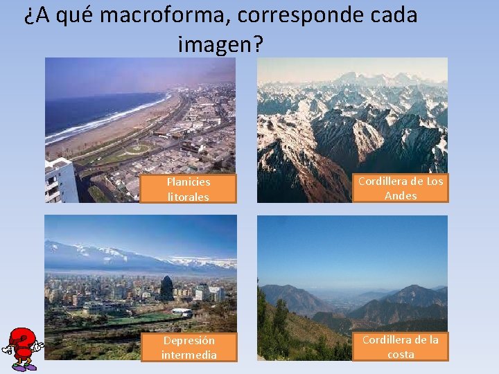 ¿A qué macroforma, corresponde cada imagen? Planicies litorales Cordillera de Los Andes Depresión intermedia