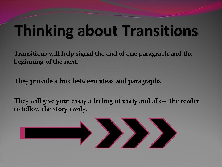 Thinking about Transitions will help signal the end of one paragraph and the beginning Thinking about Transitions will help signal the end of one paragraph and the beginning