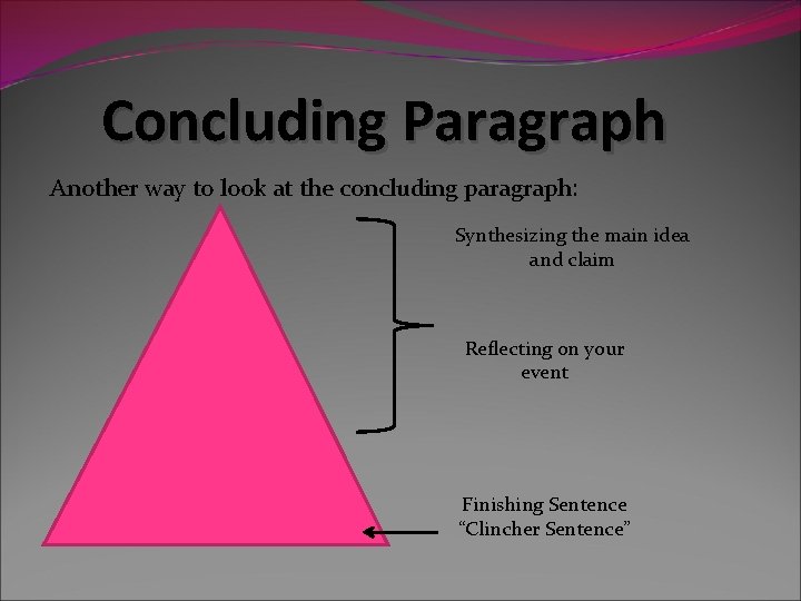 Concluding Paragraph Another way to look at the concluding paragraph: Synthesizing the main idea Concluding Paragraph Another way to look at the concluding paragraph: Synthesizing the main idea