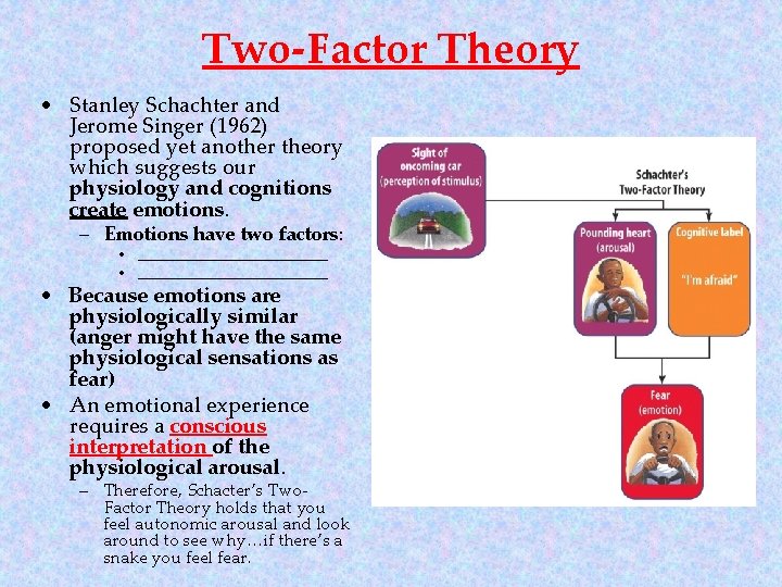 Two-Factor Theory • Stanley Schachter and Jerome Singer (1962) proposed yet another theory which