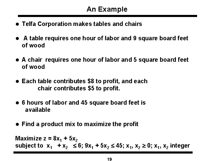 An Example l Telfa Corporation makes tables and chairs l A table requires one