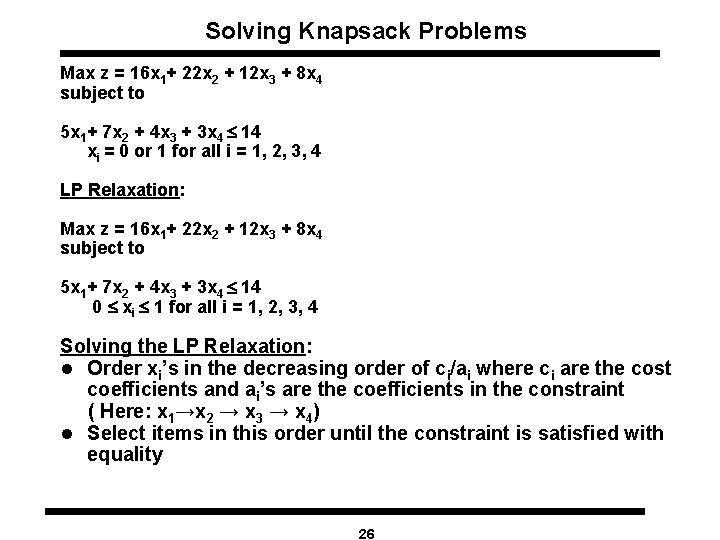 Solving Knapsack Problems Max z = 16 x 1+ 22 x 2 + 12