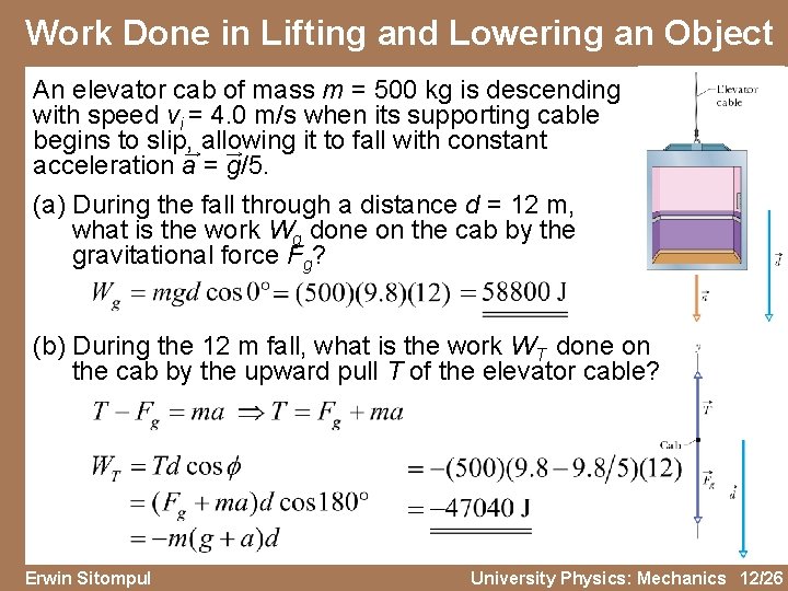 Work Done in Lifting and Lowering an Object An elevator cab of mass m