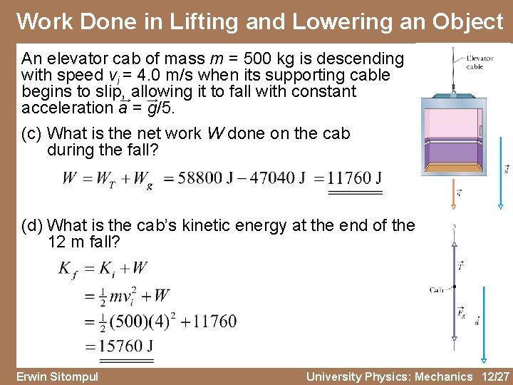 Work Done in Lifting and Lowering an Object An elevator cab of mass m