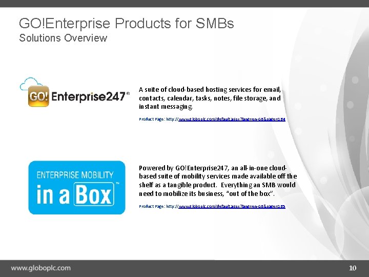 GO!Enterprise Products for SMBs Solutions Overview A suite of cloud-based hosting services for email,