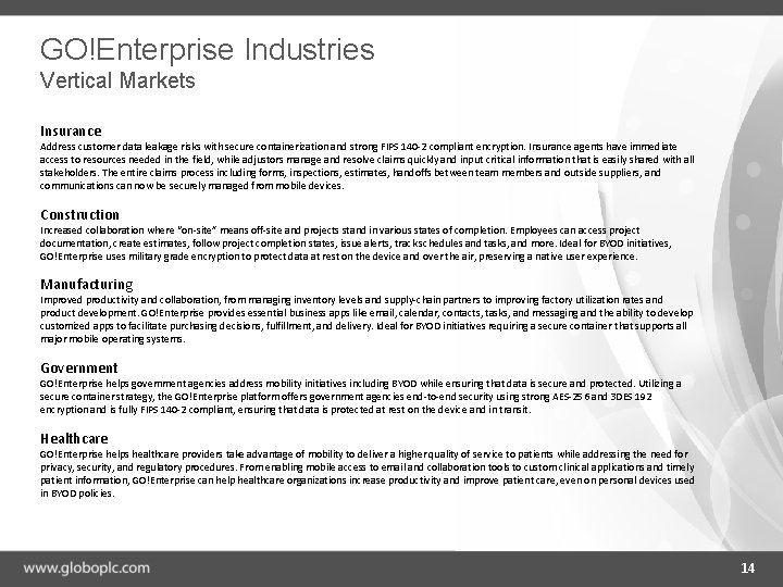GO!Enterprise Industries Vertical Markets Insurance Address customer data leakage risks with secure containerization and