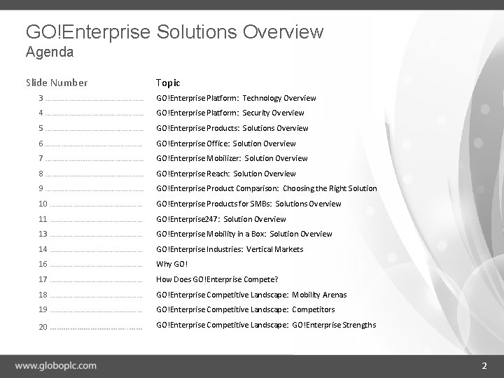GO!Enterprise Solutions Overview Agenda Slide Number Topic 3 ……………………… GO!Enterprise Platform: Technology Overview 4