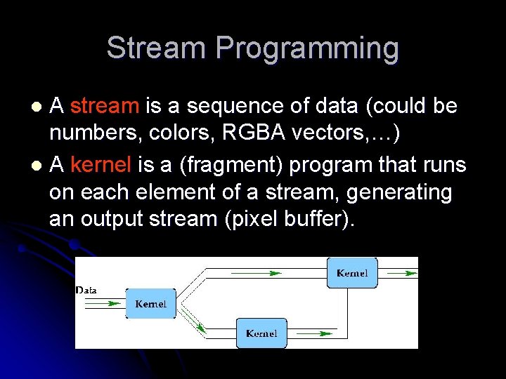 Stream Programming A stream is a sequence of data (could be numbers, colors, RGBA