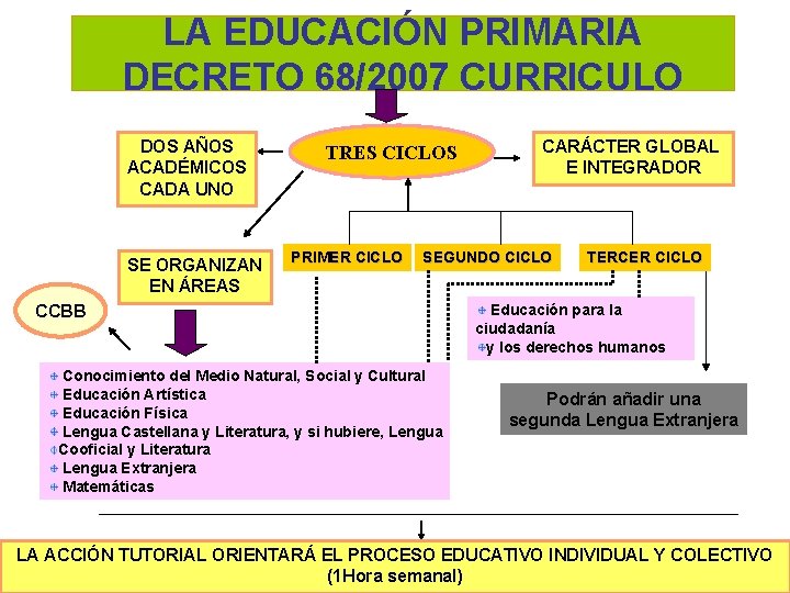 LA EDUCACIÓN PRIMARIA DECRETO 68/2007 CURRICULO DOS AÑOS ACADÉMICOS CADA UNO SE ORGANIZAN EN