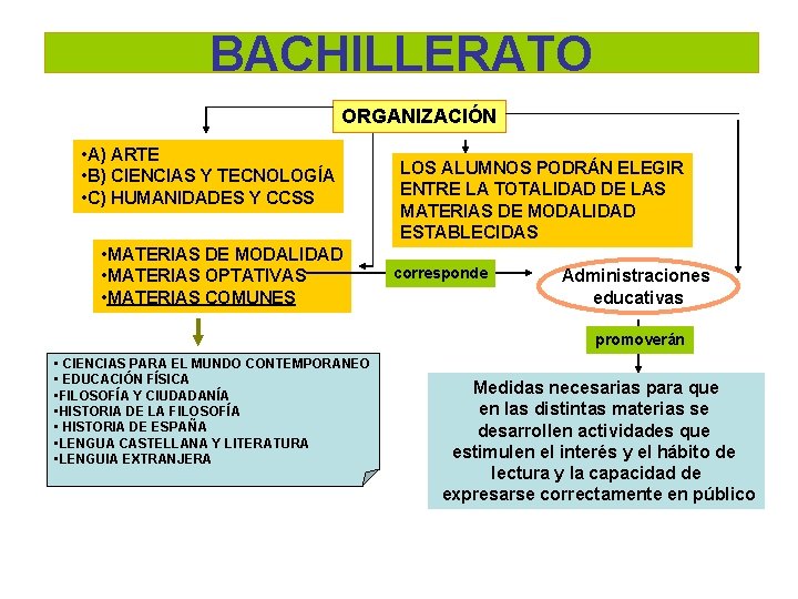 BACHILLERATO ORGANIZACIÓN • A) ARTE • B) CIENCIAS Y TECNOLOGÍA • C) HUMANIDADES Y