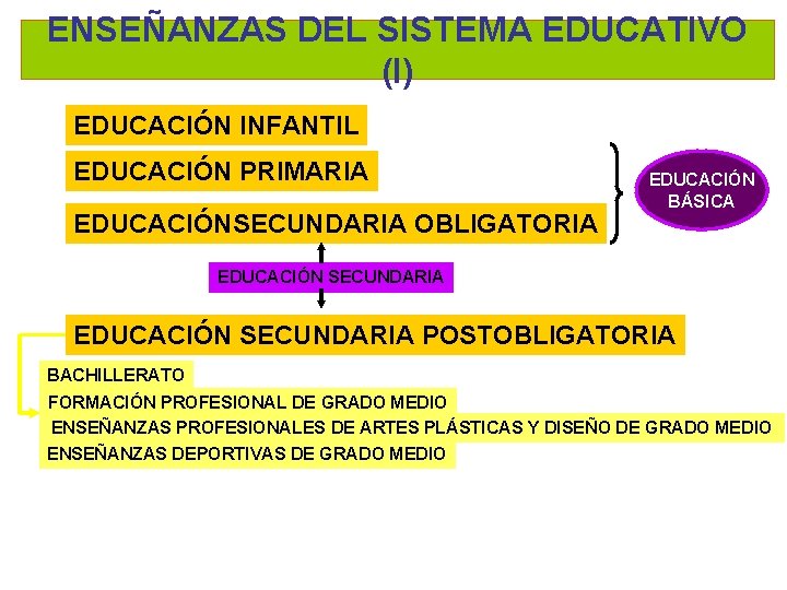 ENSEÑANZAS DEL SISTEMA EDUCATIVO (I) EDUCACIÓN INFANTIL EDUCACIÓN PRIMARIA EDUCACIÓNSECUNDARIA OBLIGATORIA EDUCACIÓN BÁSICA EDUCACIÓN