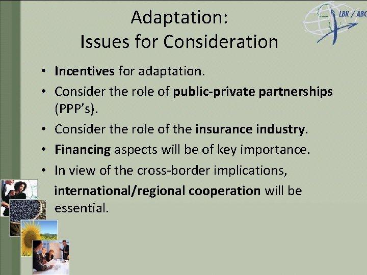 Adaptation: Issues for Consideration • Incentives for adaptation. • Consider the role of public-private