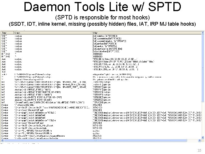 Daemon Tools Lite w/ SPTD (SPTD is responsible for most hooks) (SSDT, IDT, inline