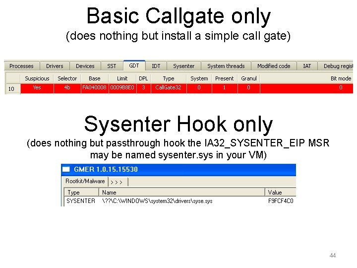 Basic Callgate only (does nothing but install a simple call gate) Sysenter Hook only