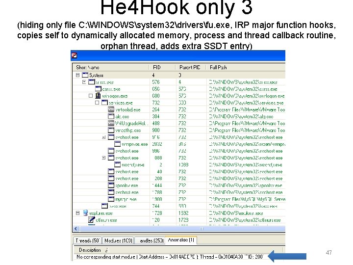 He 4 Hook only 3 (hiding only file C: WINDOWSsystem 32driversfu. exe, IRP major