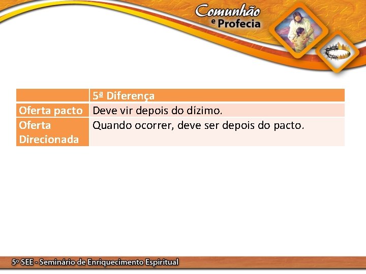  5ª Diferença Oferta pacto Deve vir depois do dízimo. Oferta Quando ocorrer, deve