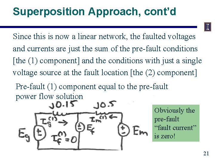Superposition Approach, cont’d Since this is now a linear network, the faulted voltages and Superposition Approach, cont’d Since this is now a linear network, the faulted voltages and