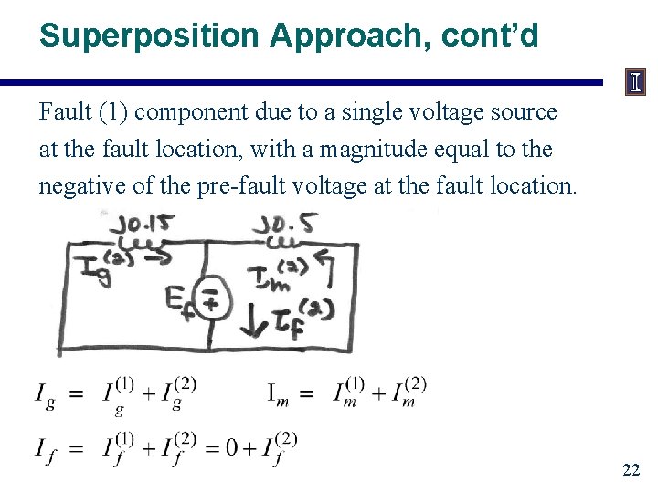 Superposition Approach, cont’d Fault (1) component due to a single voltage source at the Superposition Approach, cont’d Fault (1) component due to a single voltage source at the