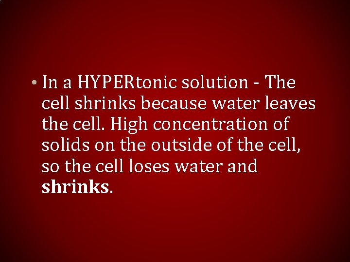  • In a HYPERtonic solution - The cell shrinks because water leaves the