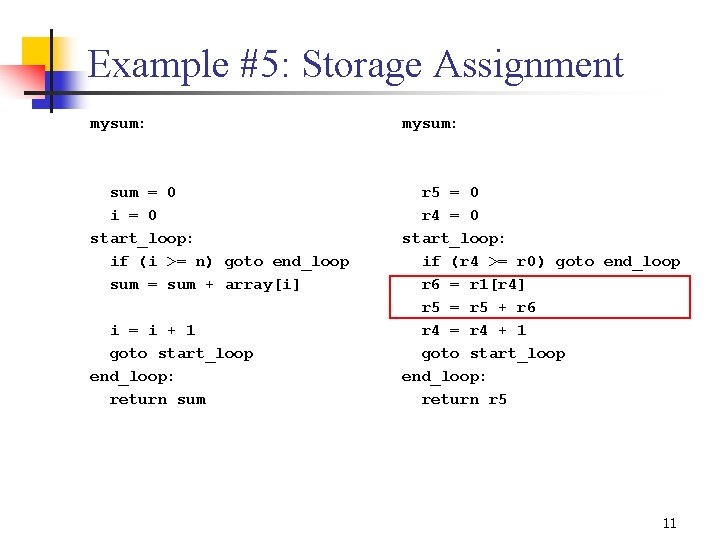 Example #5: Storage Assignment mysum: sum = 0 i = 0 start_loop: if (i