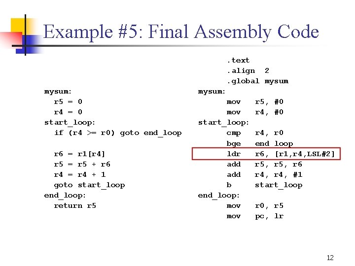 Example #5: Final Assembly Code mysum: r 5 = 0 r 4 = 0