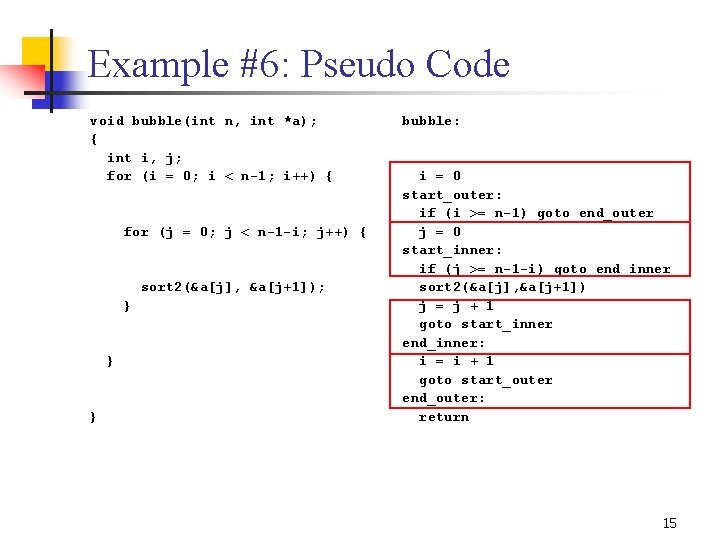 Example #6: Pseudo Code void bubble(int n, int *a); { int i, j; for