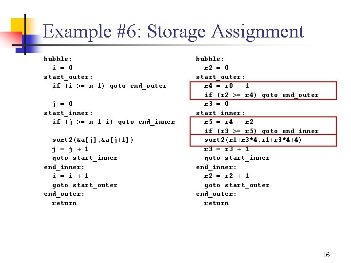 Example #6: Storage Assignment bubble: i = 0 start_outer: if (i >= n 1)