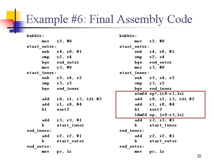 Example #6: Final Assembly Code bubble: mov r 2, #0 start_outer: sub r 4,