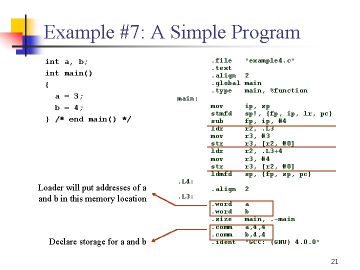 Example #7: A Simple Program int a, b; int main() { a = 3;