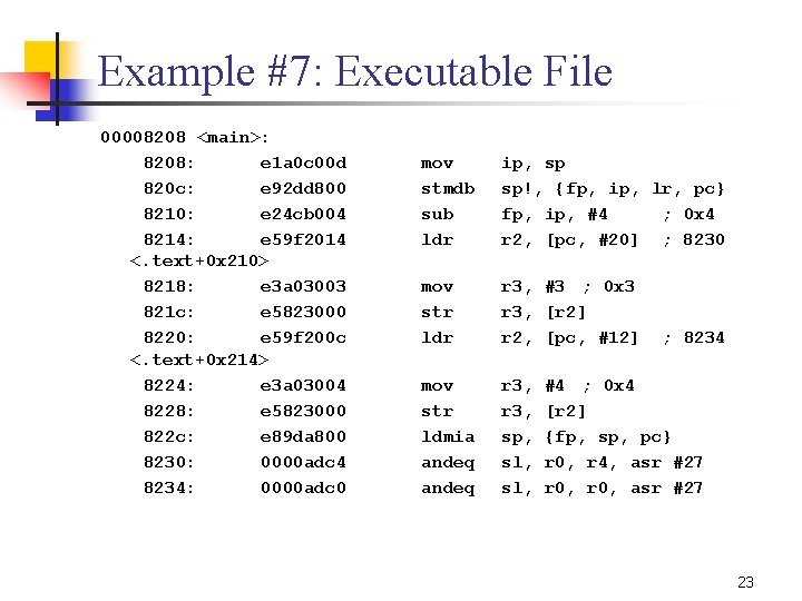 Example #7: Executable File 00008208 <main>: 8208: e 1 a 0 c 00 d