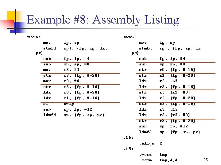 Example #8: Assembly Listing main: mov stmfd pc} sub mov str ldr bl sub