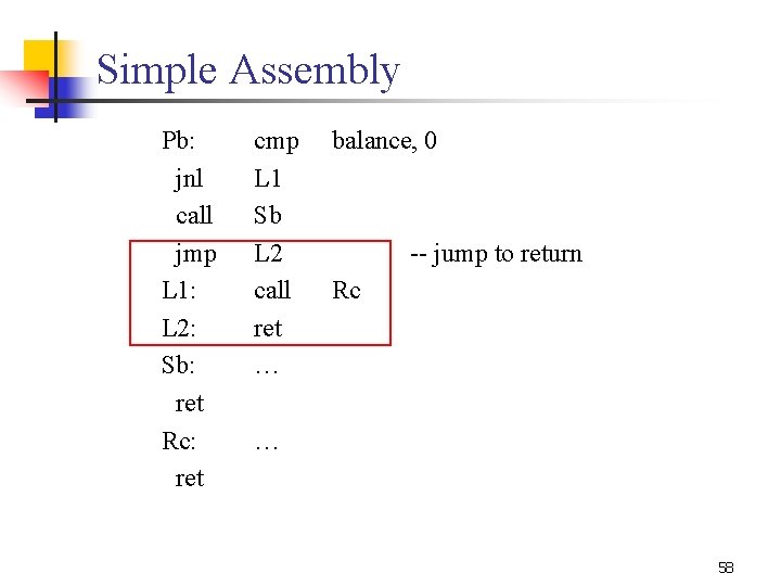 Simple Assembly Pb: jnl call jmp L 1: L 2: Sb: ret Rc: ret