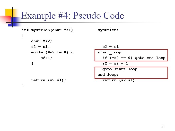 Example #4: Pseudo Code int mystrlen(char *s 1) { char *s 2; s 2