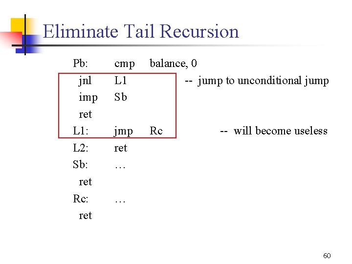 Eliminate Tail Recursion Pb: jnl imp ret L 1: L 2: Sb: ret Rc:
