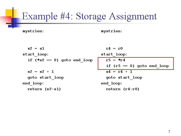 Example #4: Storage Assignment mystrlen: s 2 = s 1 start_loop: if (*s 2