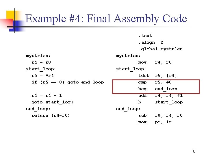 Example #4: Final Assembly Code mystrlen: r 4 = r 0 start_loop: r 5
