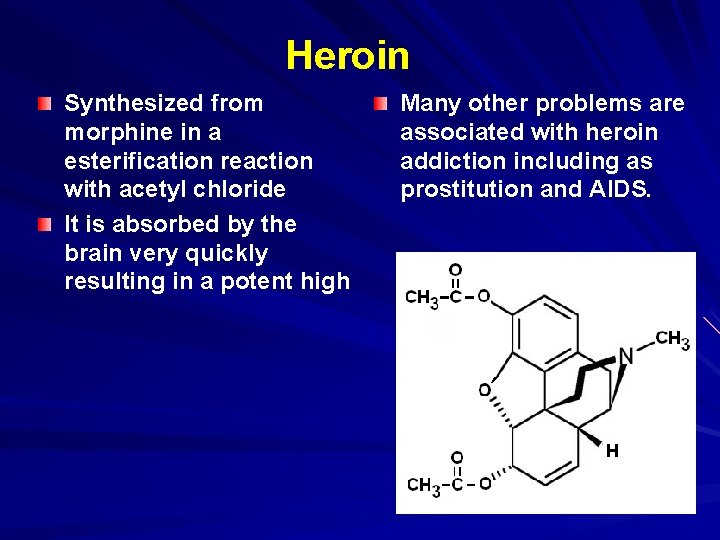Heroin Synthesized from morphine in a esterification reaction with acetyl chloride It is absorbed