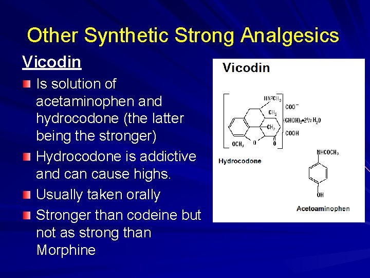 Other Synthetic Strong Analgesics Vicodin Is solution of acetaminophen and hydrocodone (the latter being