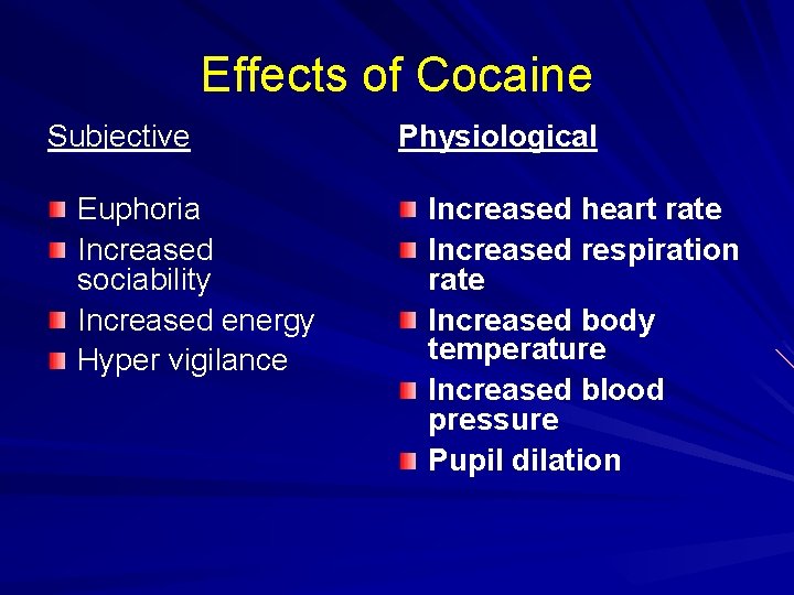 Effects of Cocaine Subjective Euphoria Increased sociability Increased energy Hyper vigilance Physiological Increased heart