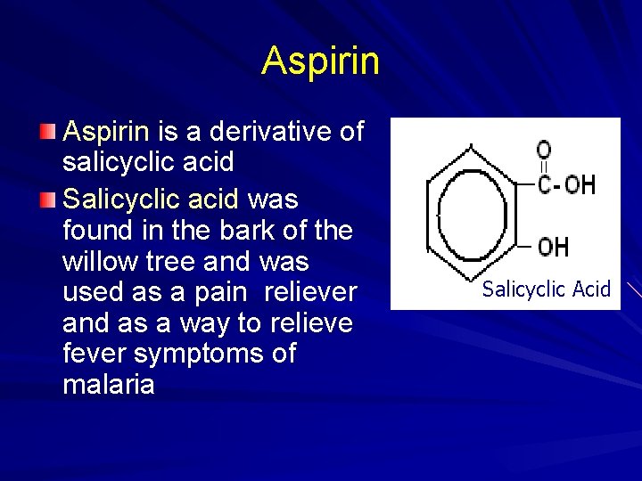 Aspirin is a derivative of salicyclic acid Salicyclic acid was found in the bark
